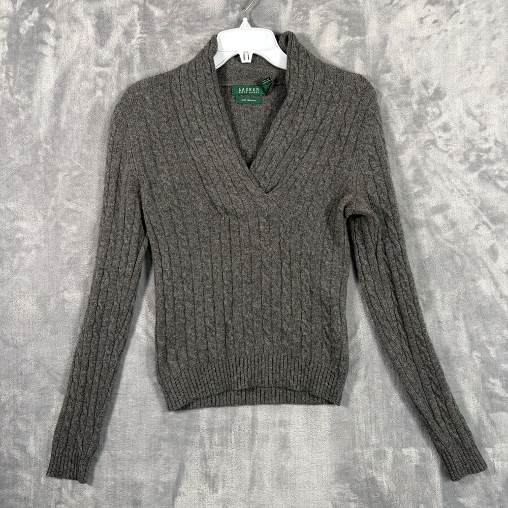 Lauren Ralph Lauren 100% Cashmere Sweater Womens Small Gray Cable Knit V Neck